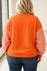 Plus Size Women Fall Gingham Patchwork Mock Neck Sweatshirt
