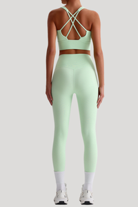 Women Naked Feel Cross Back Yoga Set: High Waisted Seamless Tummy Control Leggings + Crisscross Sports Bra