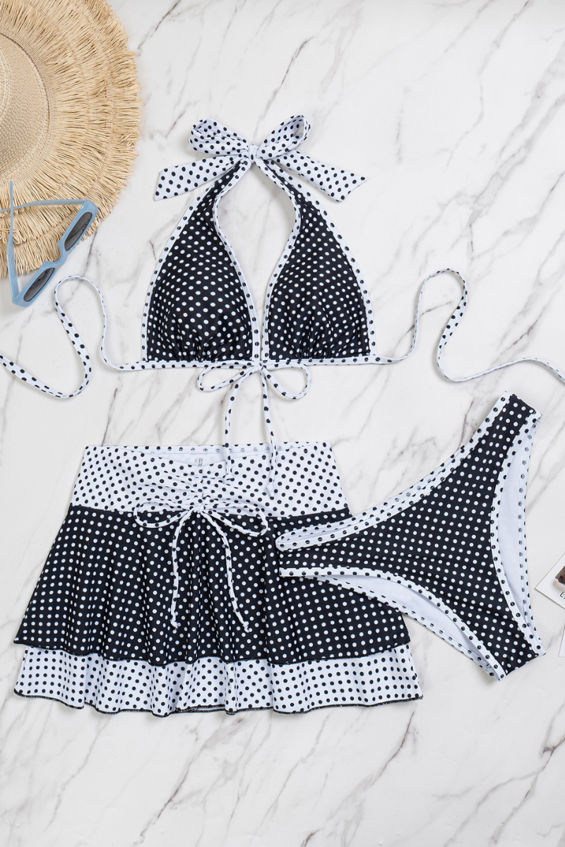 Women's Polka Dot Halter Triangle Ruffle Skirted Bikini Sets