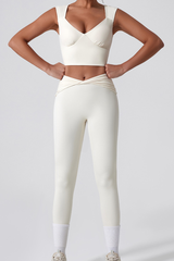 Women's Cropped Tank Top And Twist Cross Waist Leggings Set