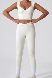 Women's Cropped Tank Top And Twist Cross Waist Leggings Set