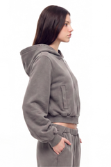 Women's Fall Vintage Washed Distressed Cropped Zip Up Jacket