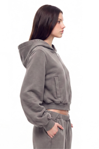 Women's Fall Vintage Washed Distressed Cropped Zip Up Jacket
