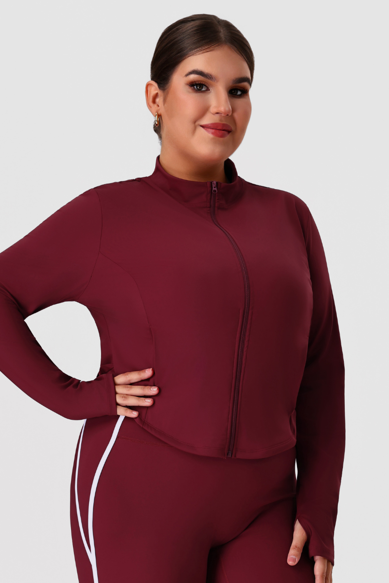 Plus Size Women's Fitted Mock Neck Long Sleeve Pocket Yoga Jacket