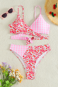 Women's V-Neck Floral Gingham Patchwork Bikini Set