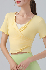 Women's V Neck Ruching Trim Cropped Wrap Top