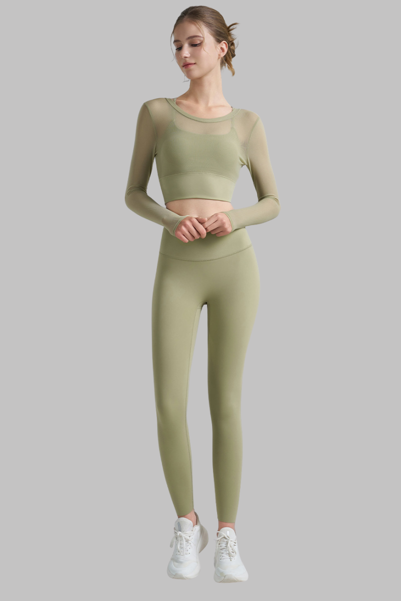 Women's Yoga Sets:Faux Two-Piece Long Sleeve Top And Legging