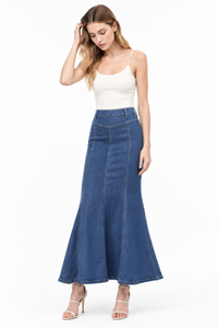 Women's High Waist Vintage Wash Fishtail Long Denim Skirt