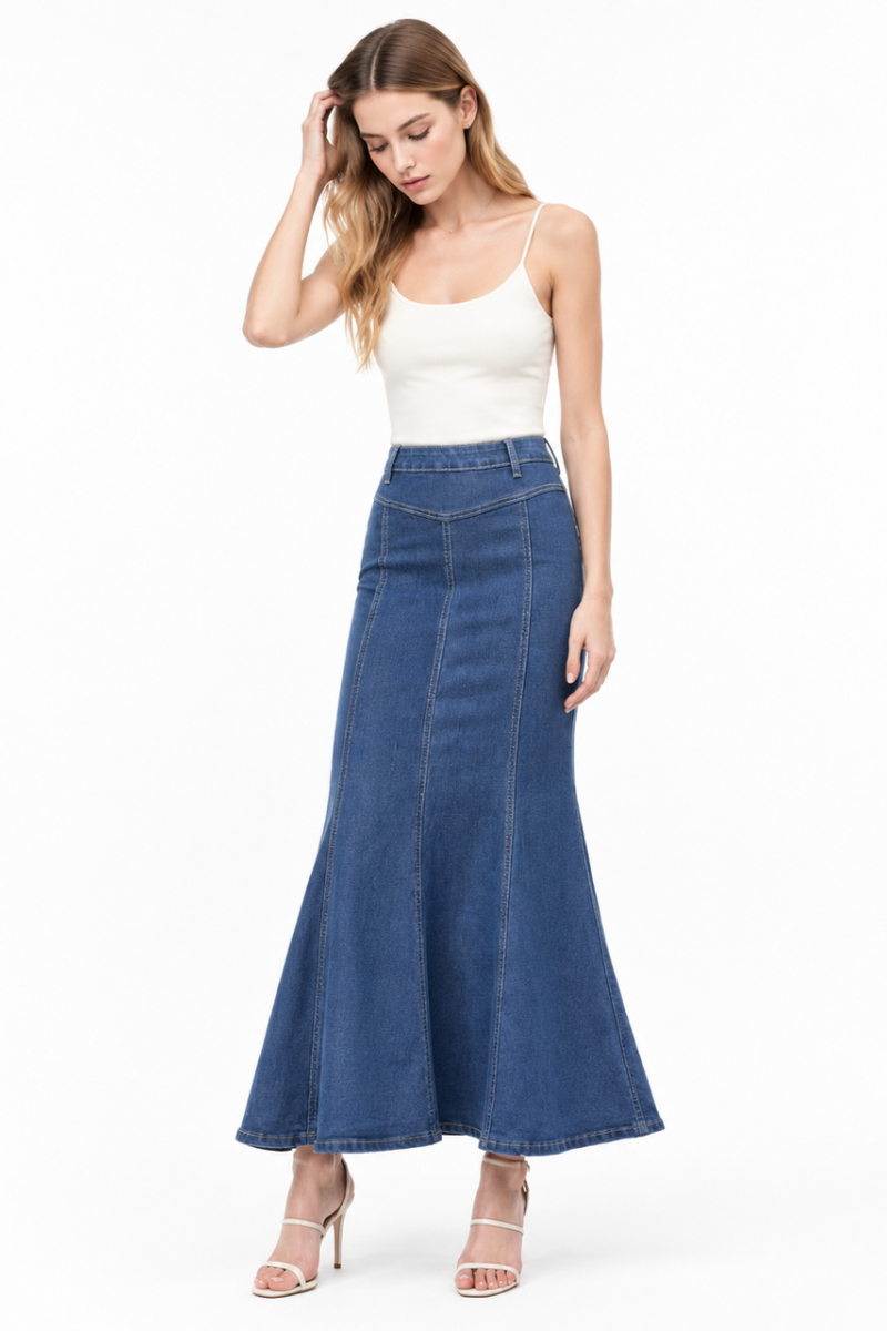 Women's High Waist Vintage Wash Fishtail Long Denim Skirt