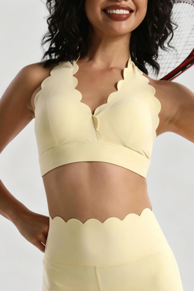 Women's Scalloped Halter V Neck Padded Workout Sports Bra