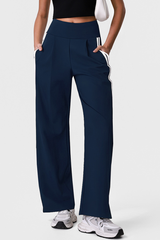 Women's Pleated Front Side-Stripe Wide-Leg Athletic Pants