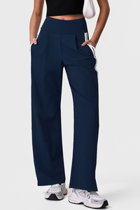 Women's Pleated Front Side-Stripe Wide-Leg Athletic Pants