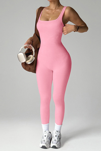 Women's Ribbed Square-Neck Strap Workout Jumpsuit