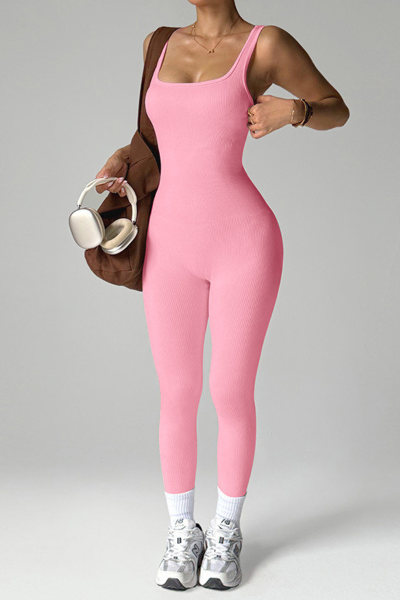 Women's Ribbed Square-Neck Strap Workout Jumpsuit