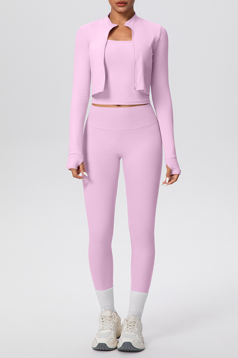 Women's Athletic Set:Stand Collar Jacket & Cropped Bra & Leggings