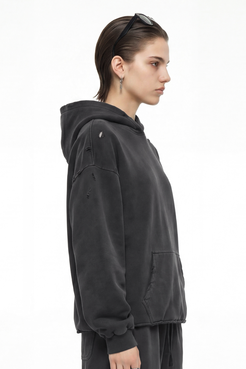 Women's Fall Winter 100% Cotton Washed Frayed Hem Hoodie
