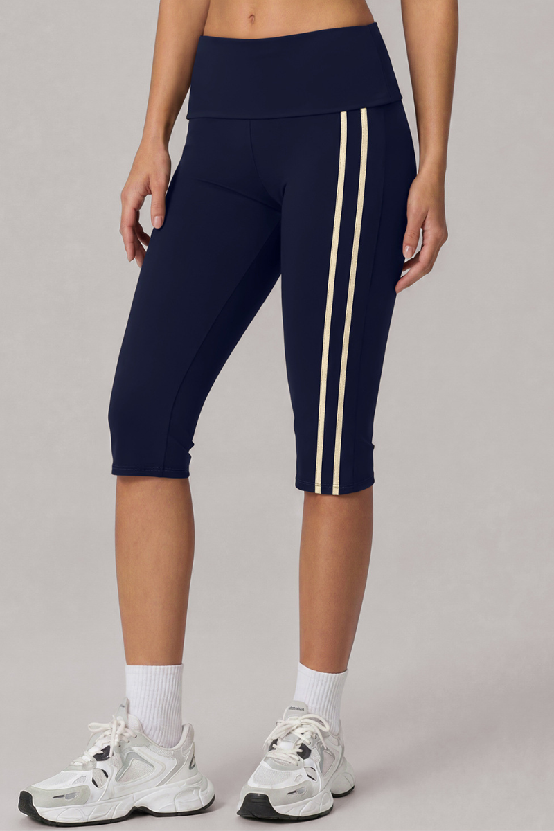 Women's Side Stripe Wide Waist Capri Sports Running Leggings