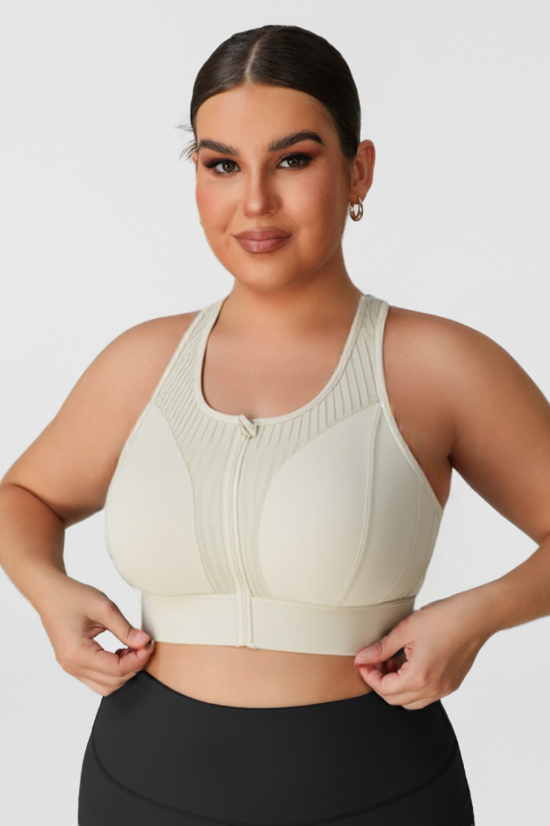 Plus Size Women's Mesh Panel Zip-Up Sports Bra