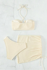 Women's Halter Pleated Side Tie 3 Piece Bikini Set