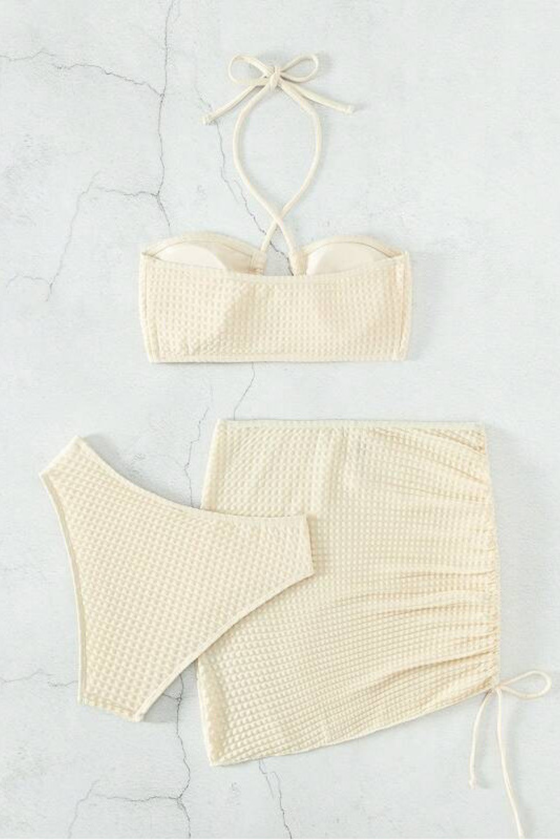 Women's Halter Pleated Side Tie 3 Piece Bikini Set