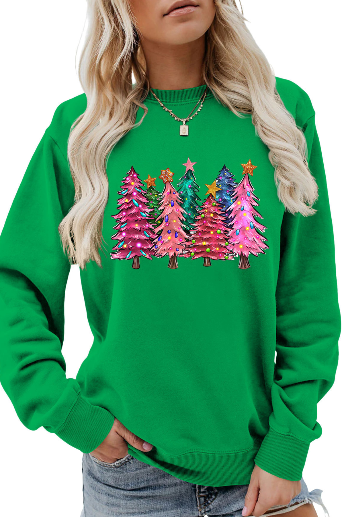 Women's Christmas Colorful Tree Print Crew Neck Sweatshirt