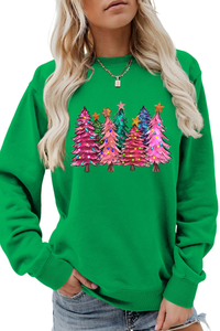 Women's Christmas Colorful Tree Print Crew Neck Sweatshirt