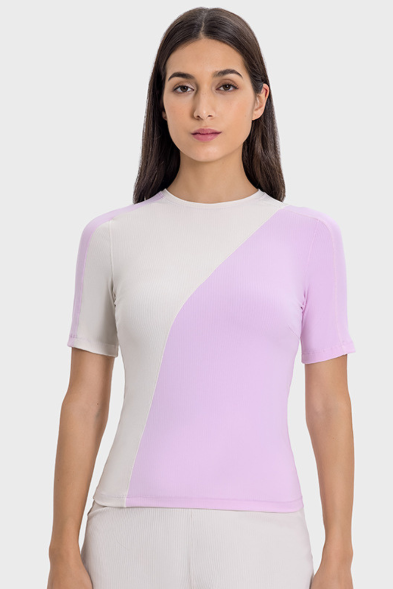 Women's Ribbed Yoga Tee - Color Block Cooling Slim Fit