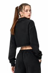Women's  Fall 100% Cotton Collared V-Neck Crop Sweatshirt
