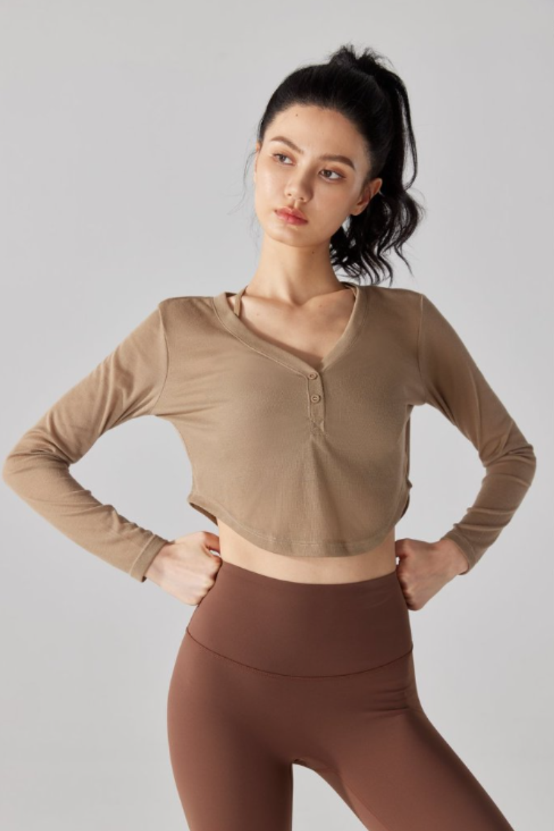 Women's V-Neck Sheer Cropped Long Sleeve Yoga Cover-Up