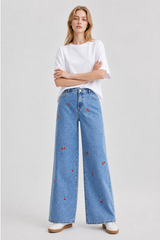 Women's High Waist Cherry Embroidered Wide Leg Jeans