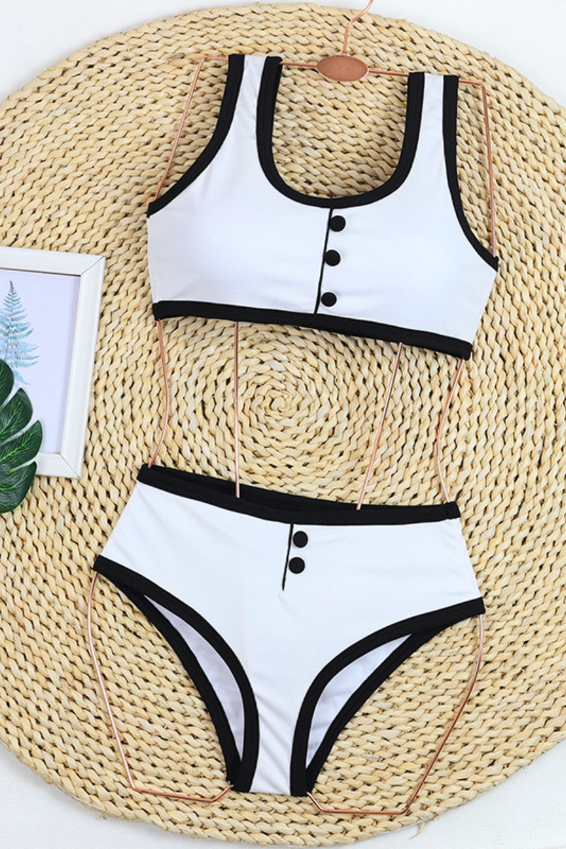 Women's Sexy Color Block Crewneck High Waist Bikini - 2pcs