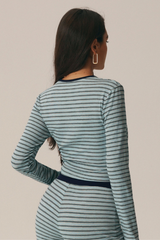 Women Striped Crew Neck Contrast Long Sleeve Cropped Top