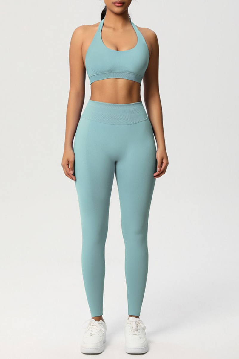 Women Seamless Knit Yoga Set: Halter Back Sports Bra + Sculpting Leggings