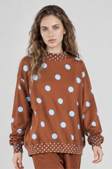 Women's Fall Color Block Polka Dot Mockneck Sweatshirt