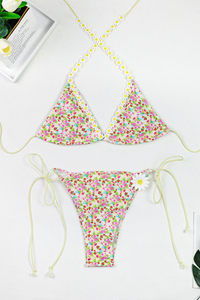 Women's 3D Floral Triangle High Waist Side Tie One Piece Set