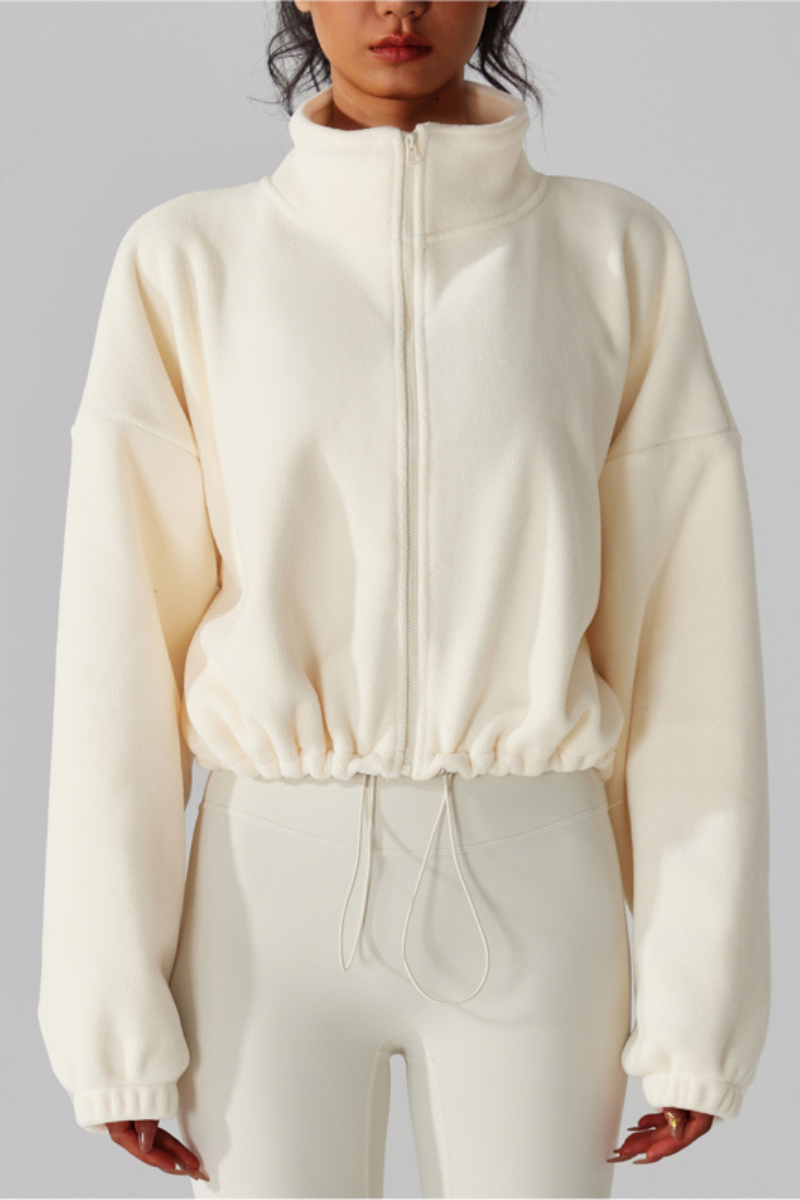 Women's Reversible Fleece Cropped Drawstring Stand-Collar Jacket