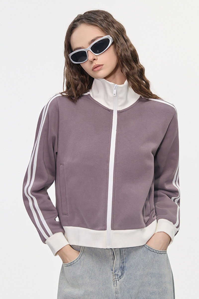 Women's Color Block Side Stripe Stand Collar Full Zip Jacket