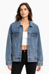 Women's Classic Blue Relaxed Denim Jacket with Red Tag