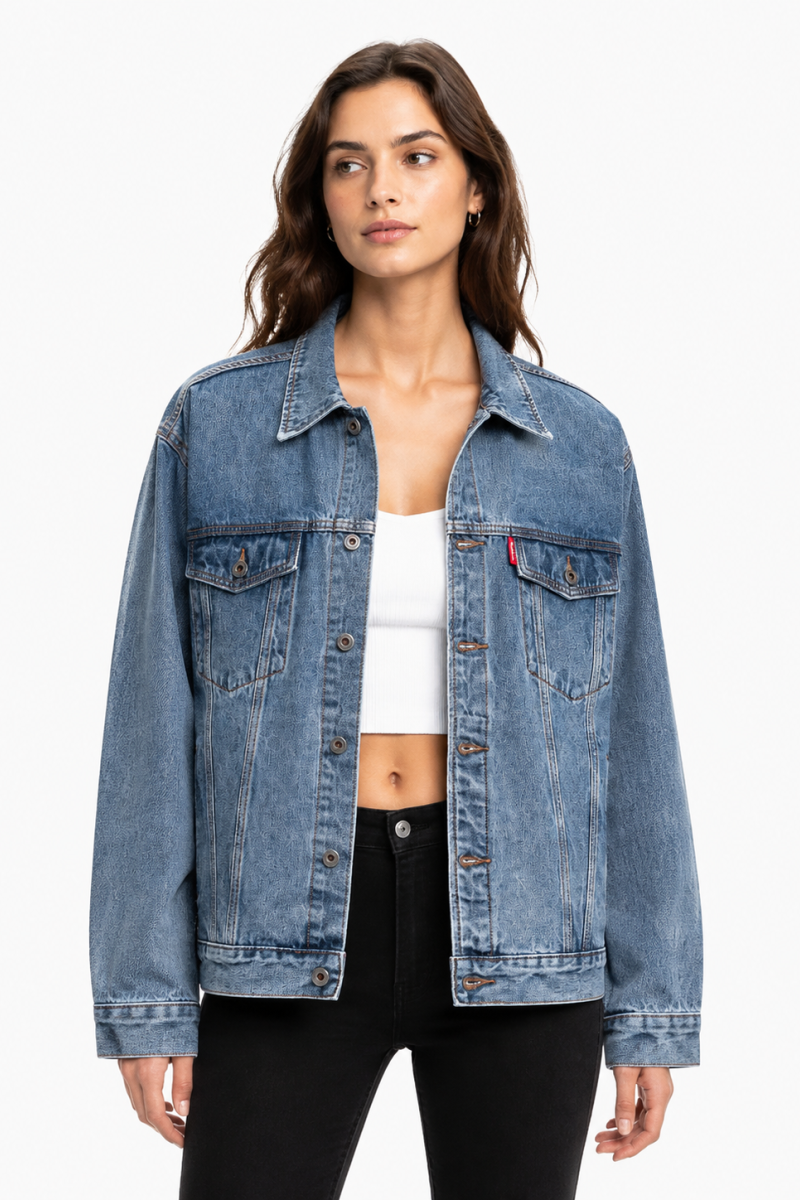 Women's Classic Blue Relaxed Denim Jacket with Red Tag