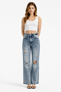 Women's High Waist Distressed Ripped Wide Leg Jeans
