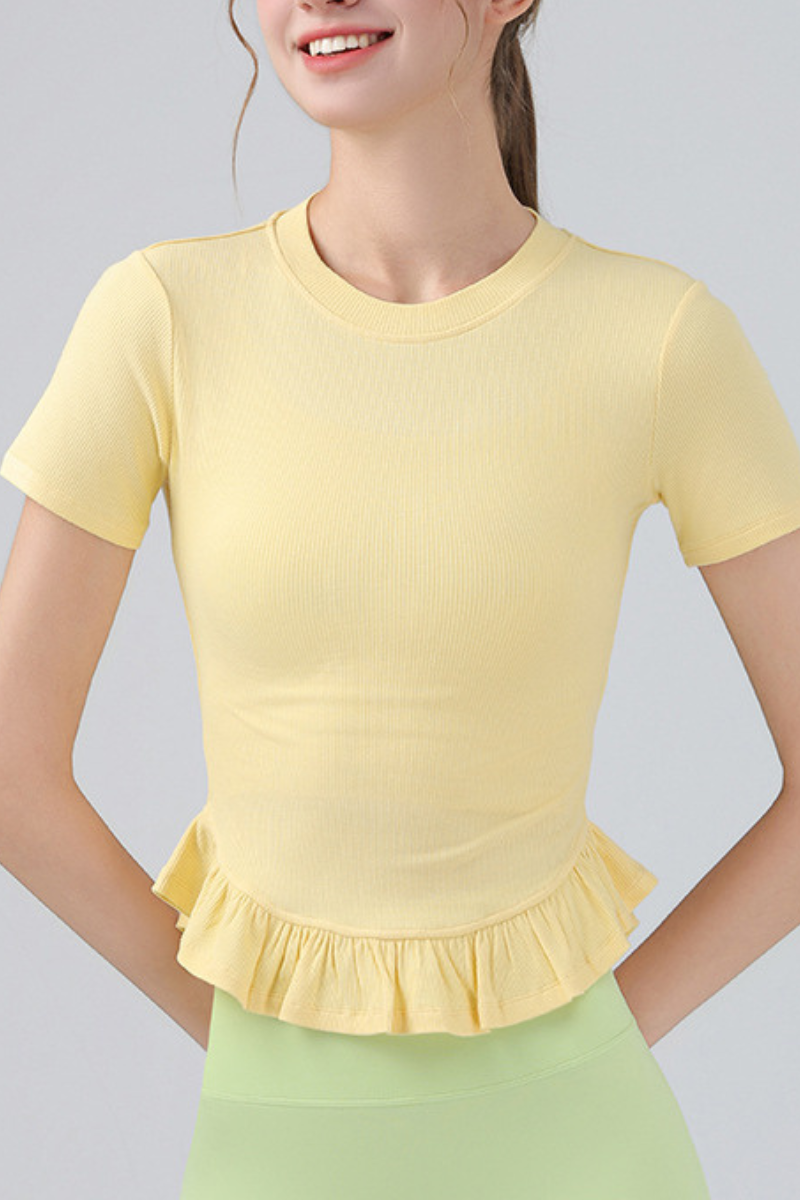 Women's Crew Neck Ruffle Hem Sports Short Sleeve Top