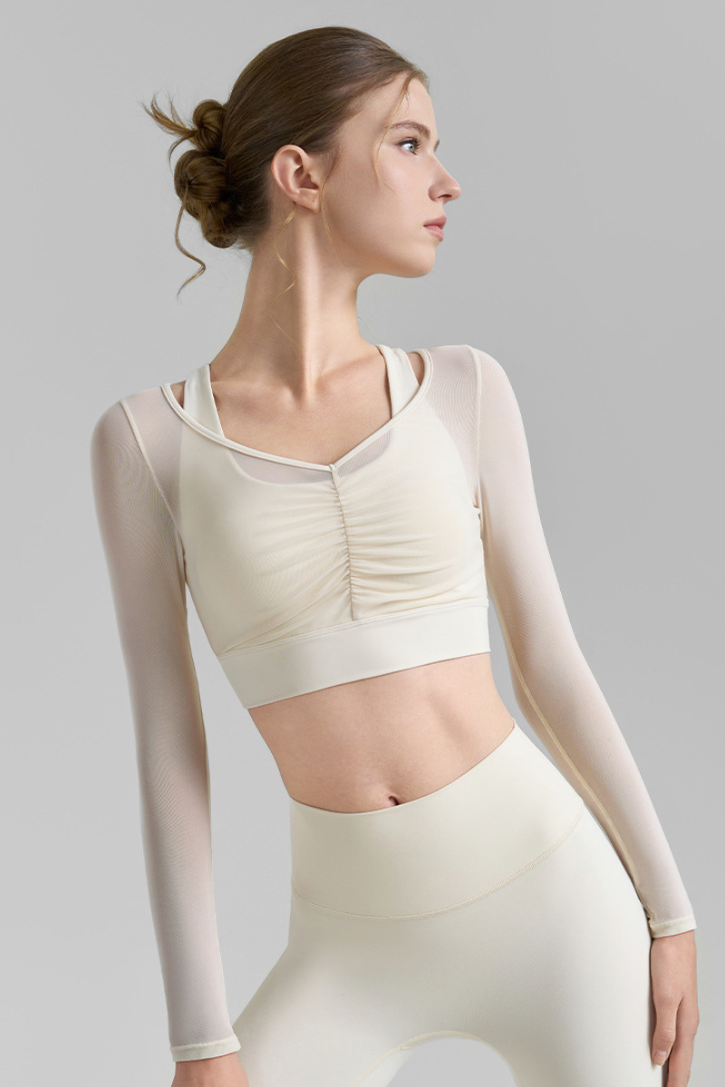 Women's Mesh Fake Two Piece Pleated Long Sleeve Yoga Top
