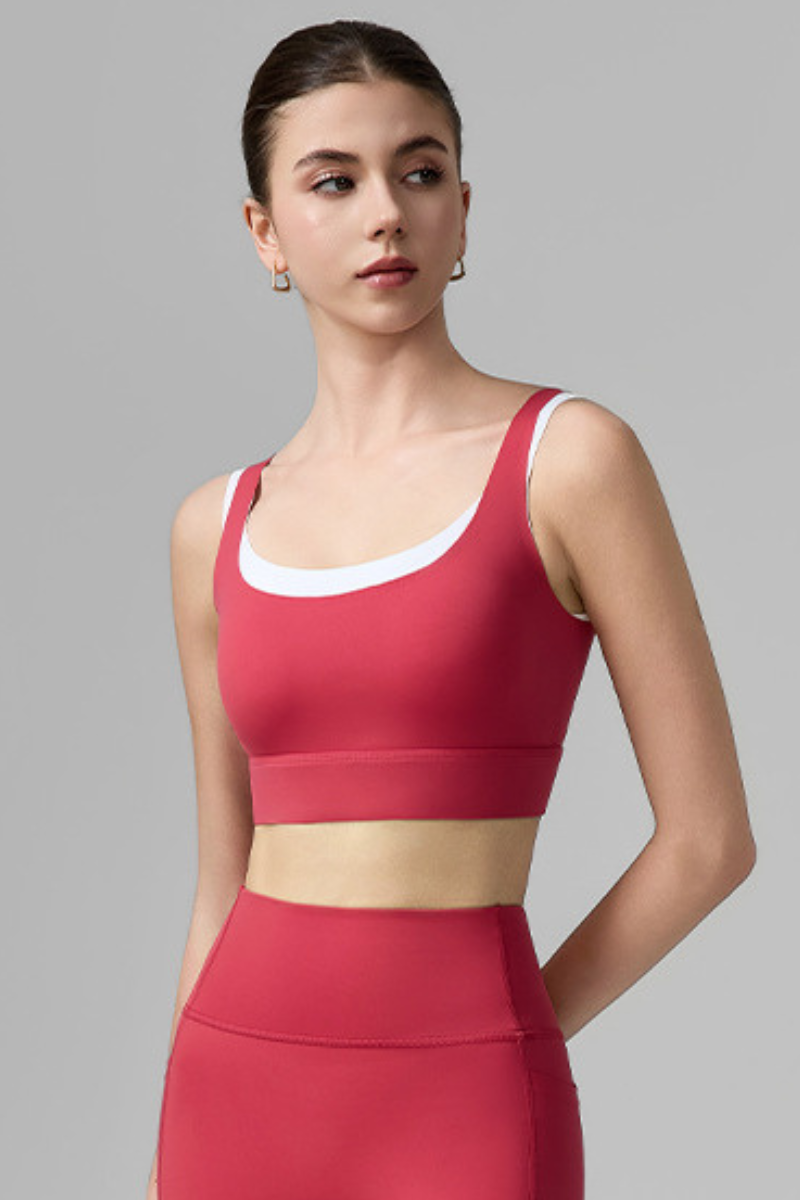Women's Wide Strap Color-Block Faux Two-Piece Sports Bra