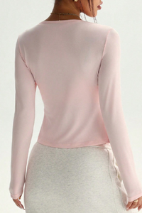 Women's U‑Neck Tie‑Waist Fitted Crop Soft  Long Sleeve Top