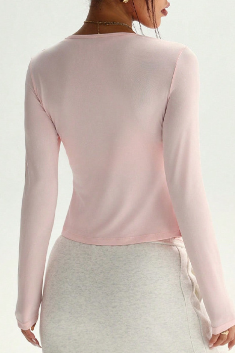 Women's U‑Neck Tie‑Waist Fitted Crop Soft  Long Sleeve Top
