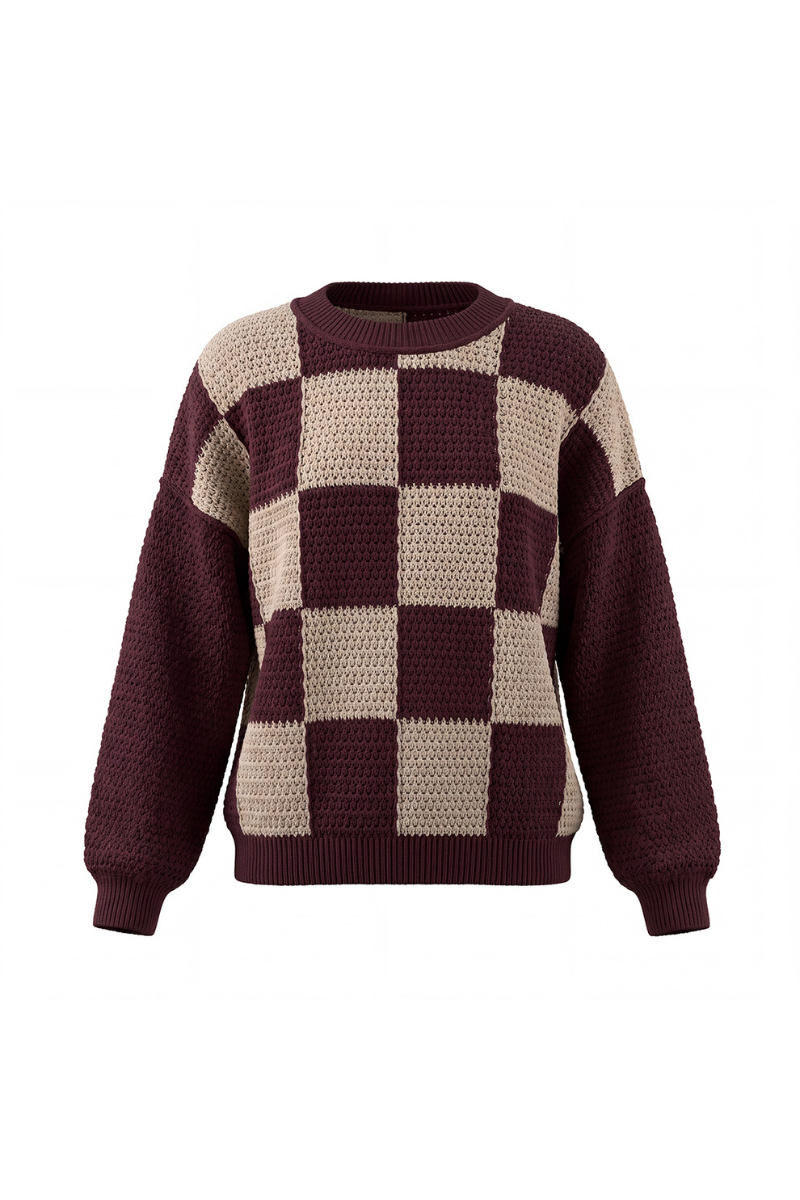 Women's Loungewear Contrast Checkerboard Loose Knit Sweater