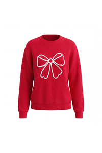 Women's Winter Christmas Color Block Bow Loose Knit Sweater