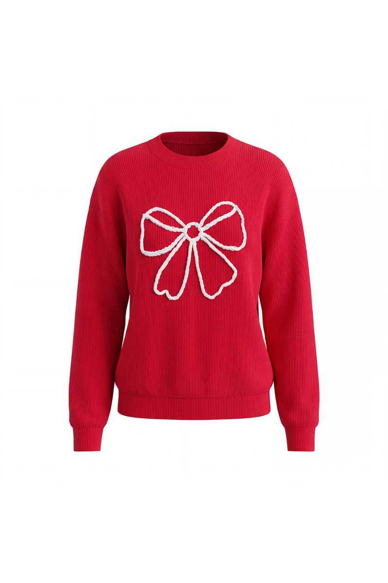 Women's Winter Christmas Color Block Bow Loose Knit Sweater