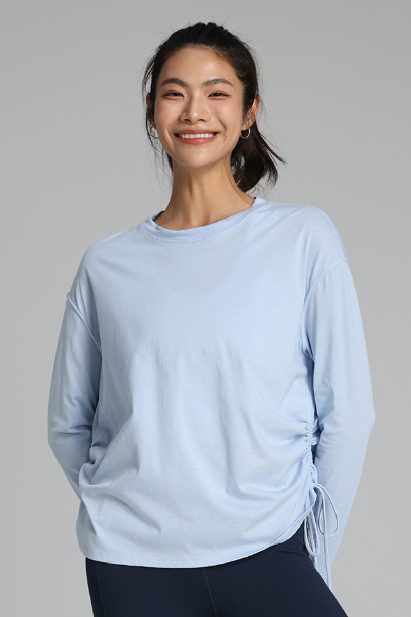 Women's Summer 100% Cotton Side Drawstring Long-Sleeved Top