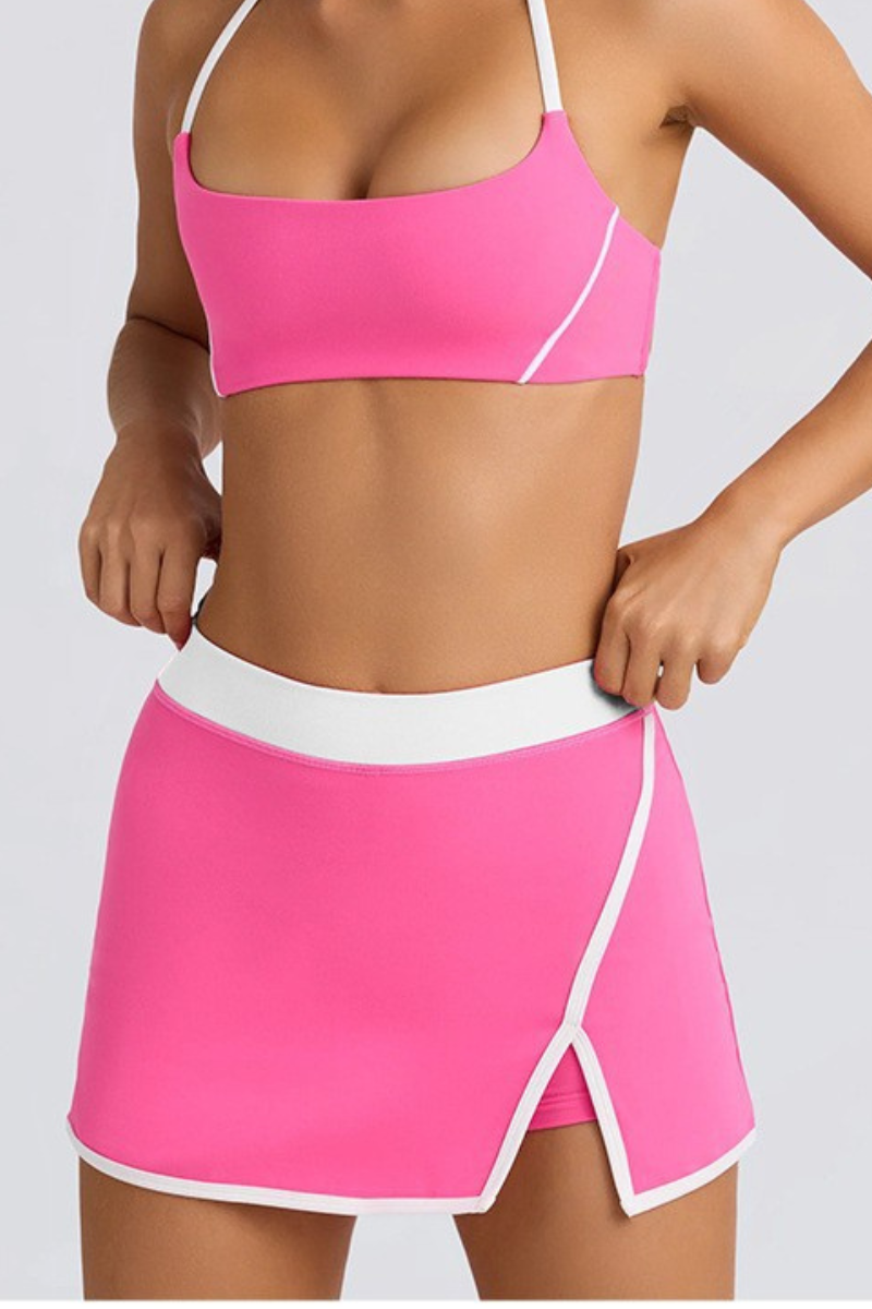 Halter T-Back Sports Bra&High-Waist Split Skort 2-Piece Set